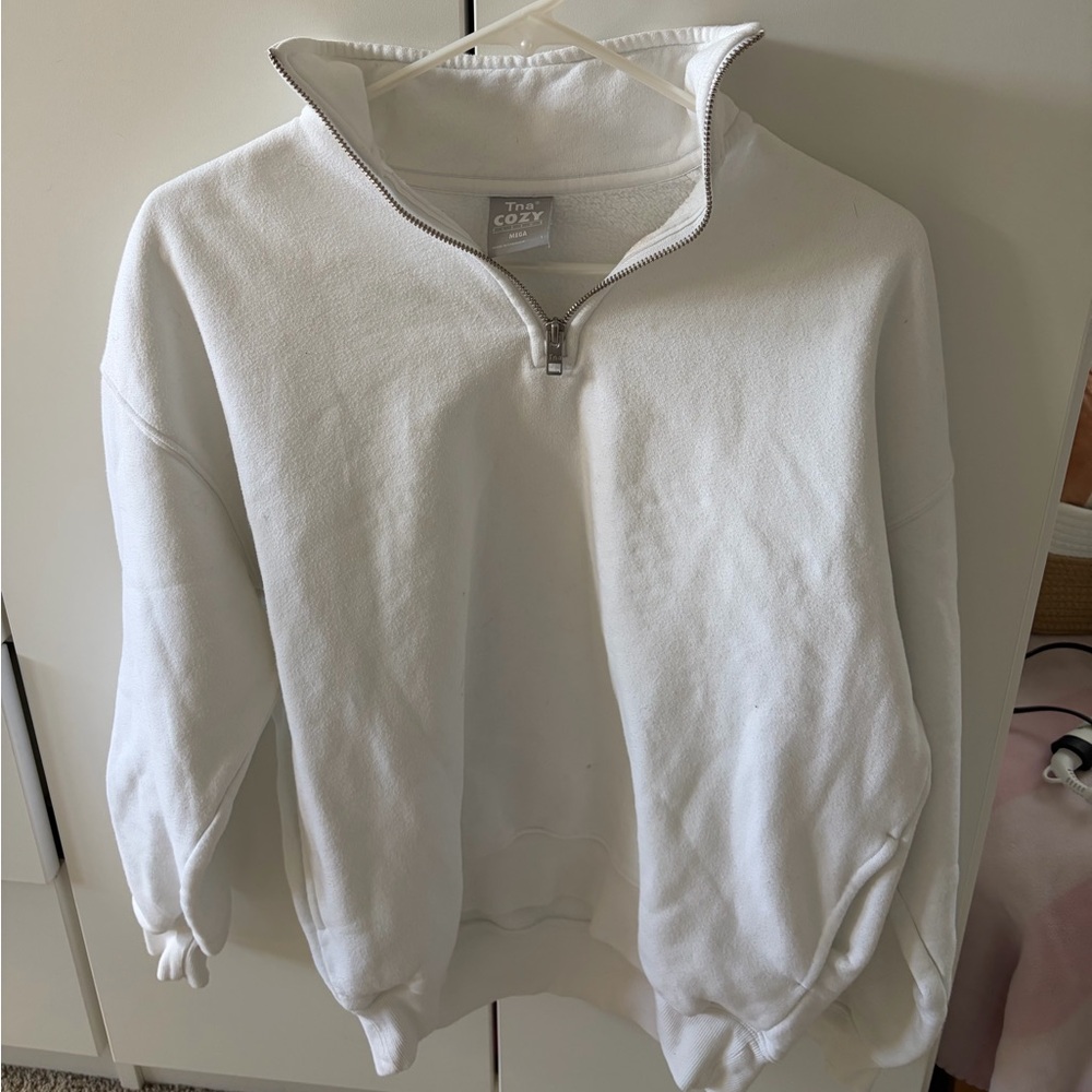 TNA Aritzia cozy fleece mega 1/4 quarter zip white sweatshirt top S